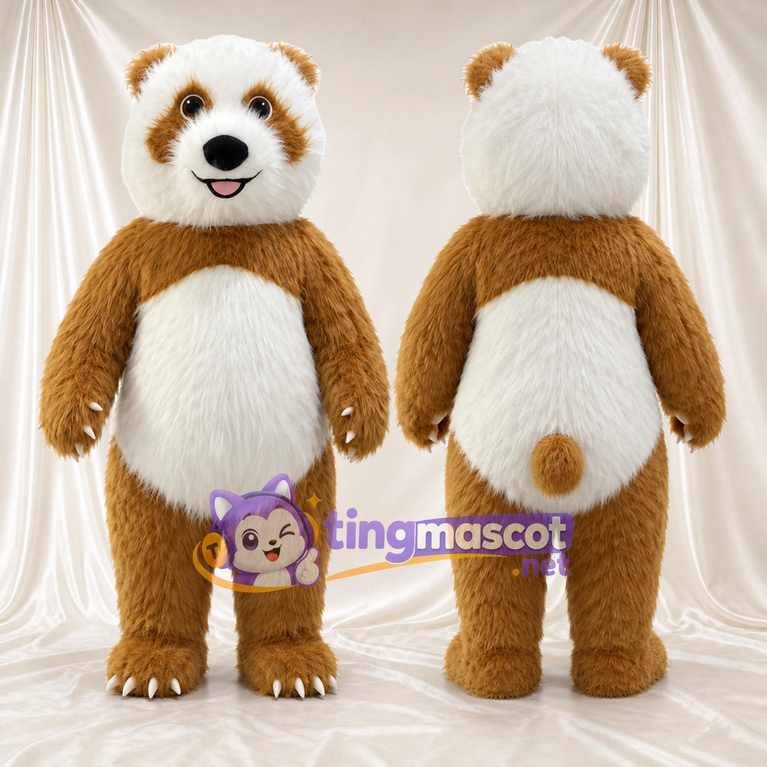 Costume de mascotte Panda – marron / blanc – Ventre (blanc); Griffes (blanc) Costume de mascotte Panda – marron / blanc – Ventre (blanc); Griffes (blanc)
