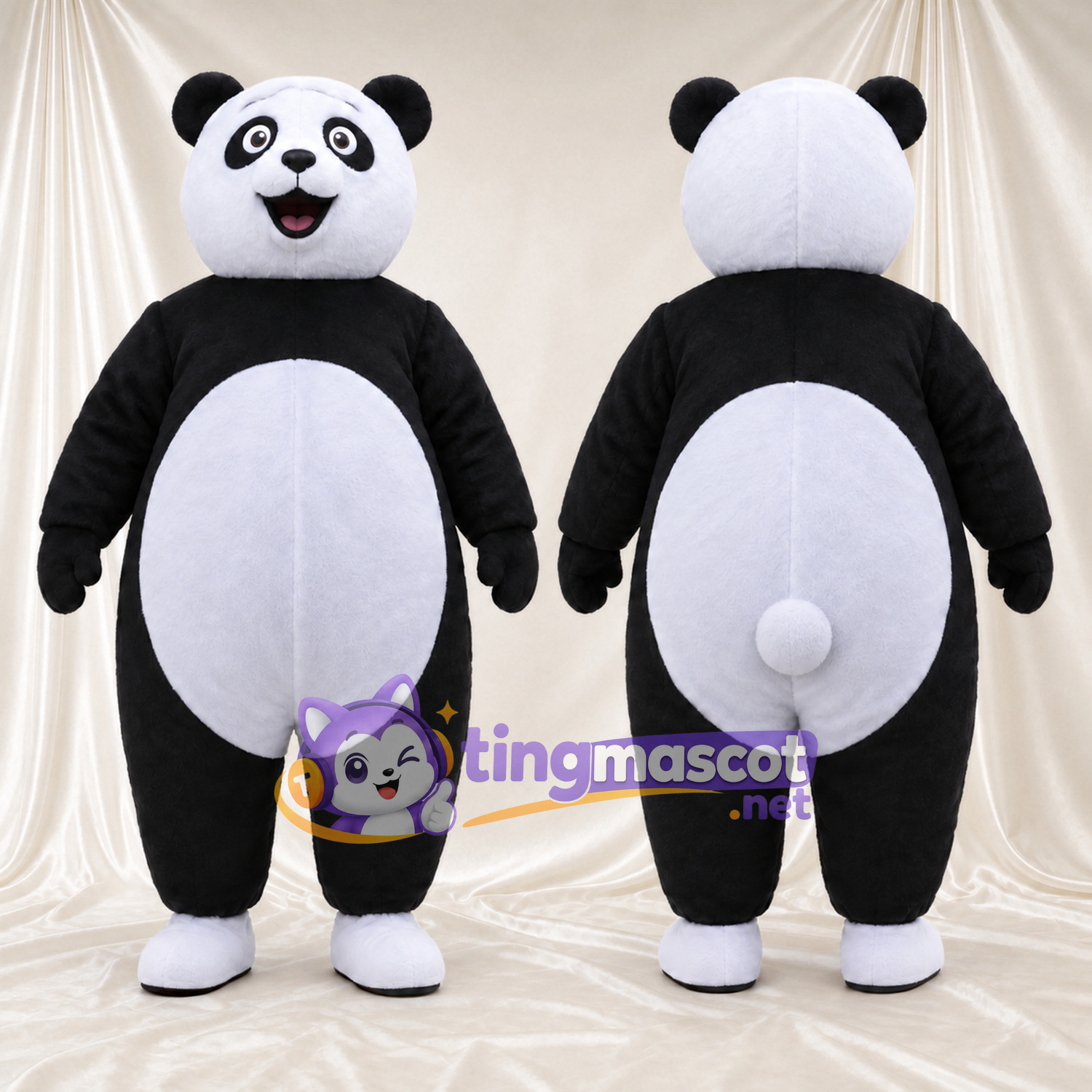 Costume de mascotte Panda – noir / blanc – Chaussures (blanc); Bouche ouverte Costume de mascotte Panda – noir / blanc – Chaussures (blanc); Bouche ouverte