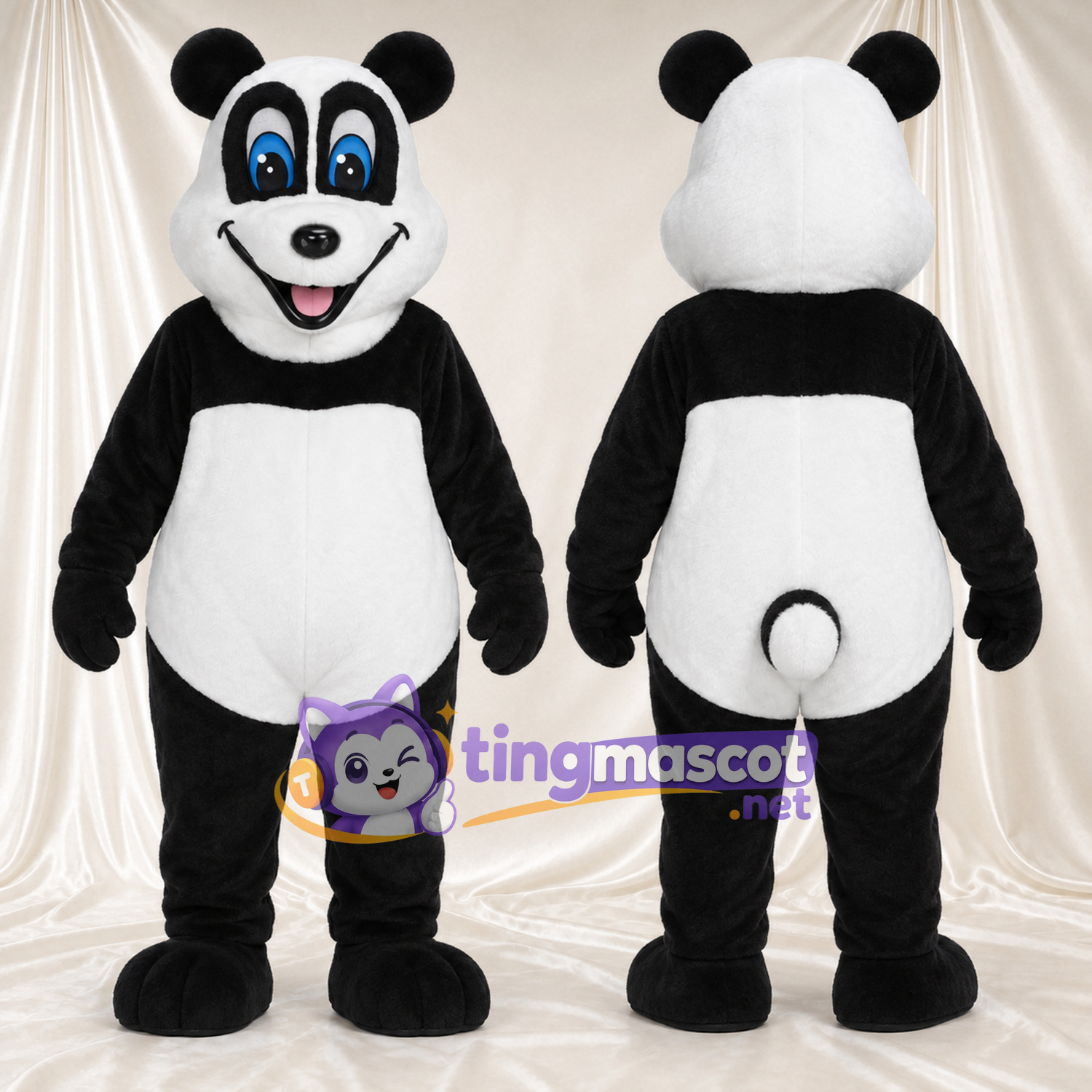 Black and White Panda Mascot Costume - Blue Eyes and Pink Tongue Black and White Panda Mascot Costume - Blue Eyes and Pink Tongue
