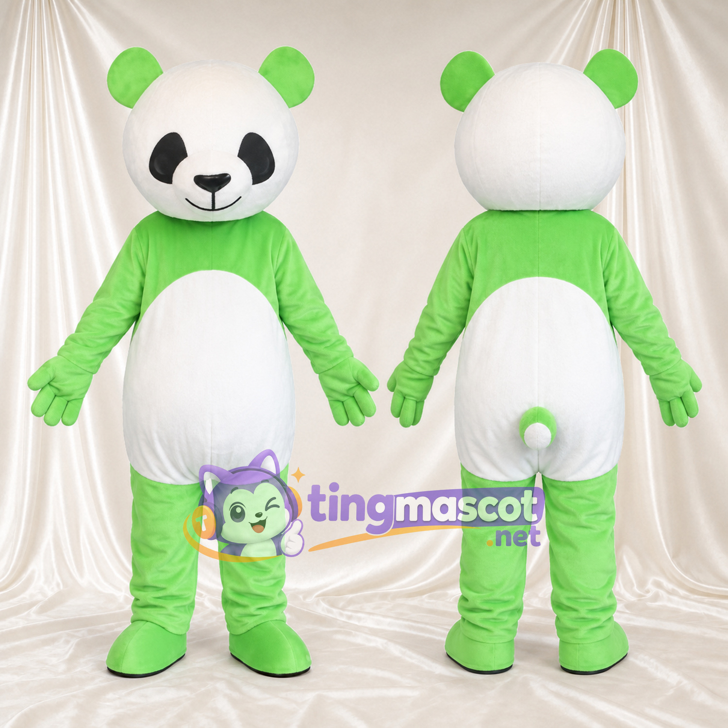 Maskottchenkostüm Panda – grün / weiß – Bauch (weiß); Schwanz (weiß) Maskottchenkostüm Panda – grün / weiß – Bauch (weiß); Schwanz (weiß)