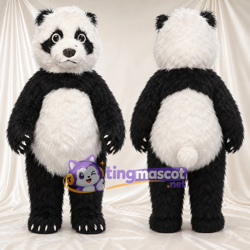 Black and White Panda Mascot Costume - Shaggy Fur and White Claws