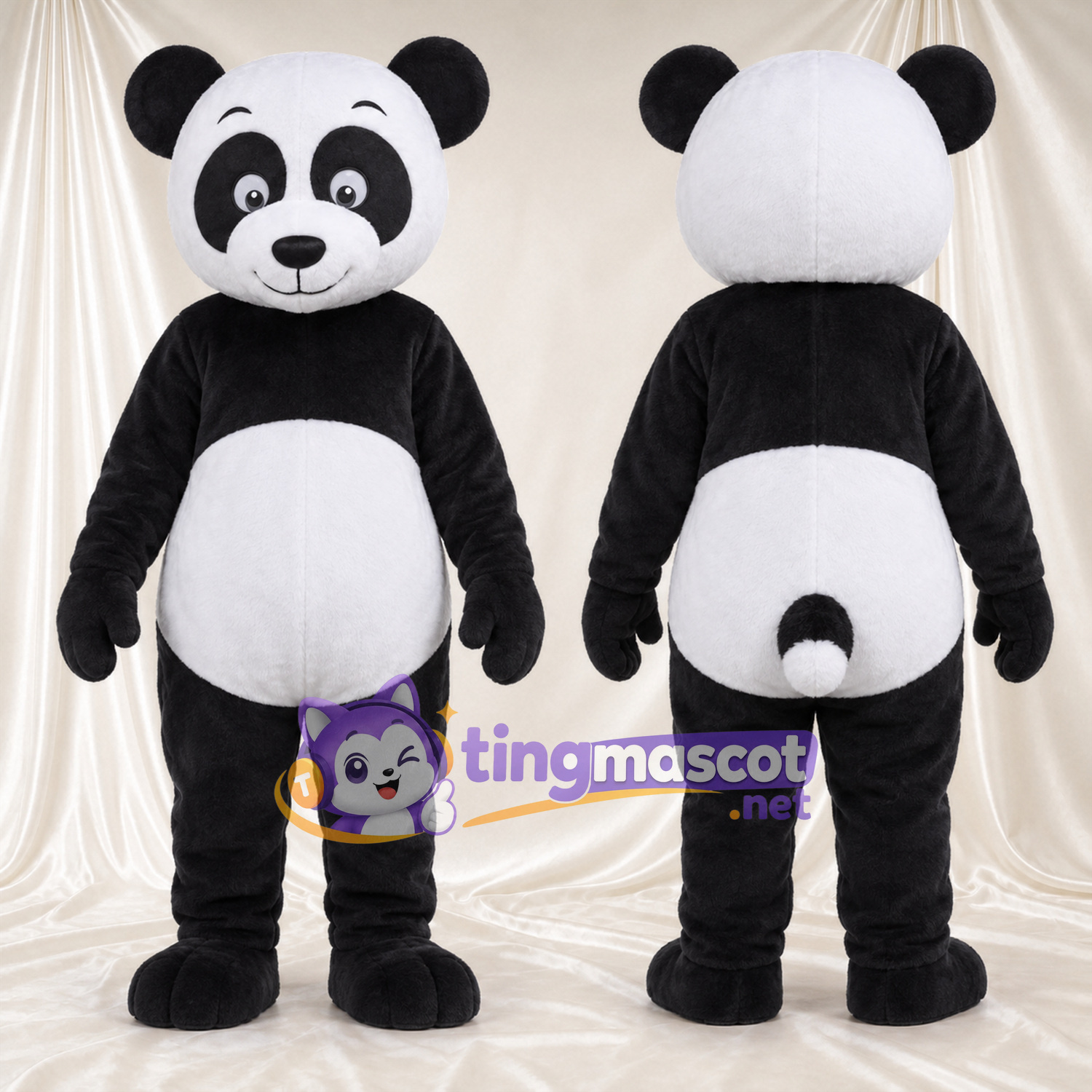 Costume de mascotte Panda – noir / blanc – Sourcils relevés; Queue (blanc) Costume de mascotte Panda – noir / blanc – Sourcils relevés; Queue (blanc)