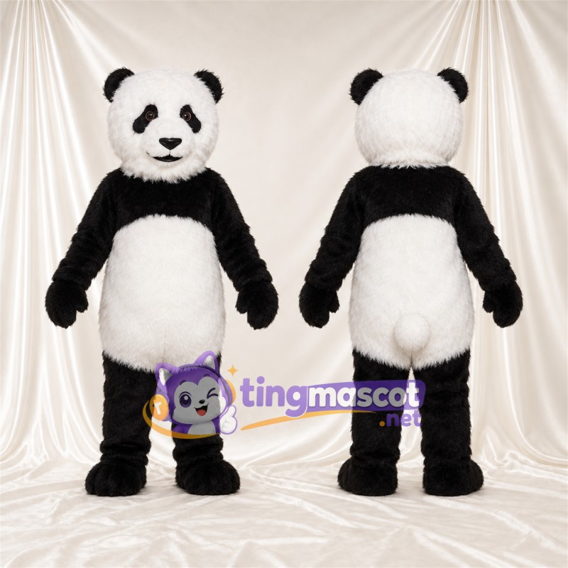 Black and White Panda Mascot Costume - Smiling Face and White Tail
