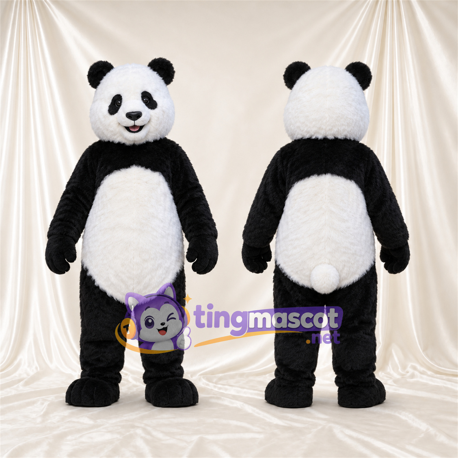 Black and White Panda Mascot Costume - Pink Tongue and White Tail Black and White Panda Mascot Costume - Pink Tongue and White Tail