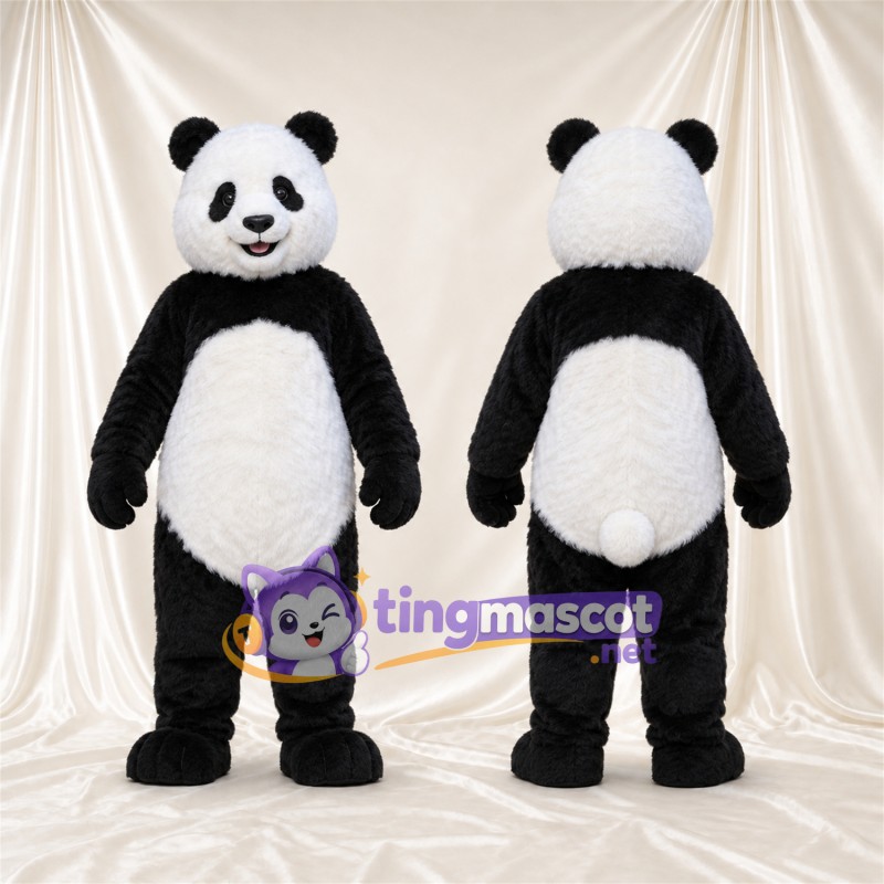 Black and White Panda Mascot Costume - Pink Tongue and White Tail