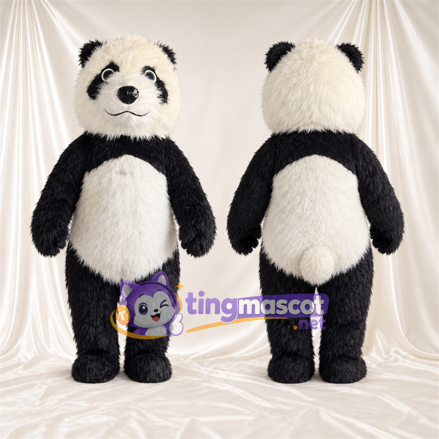 Black and White Panda Mascot Costume - Shaggy Fur and Smiling Face Black and White Panda Mascot Costume - Shaggy Fur and Smiling Face