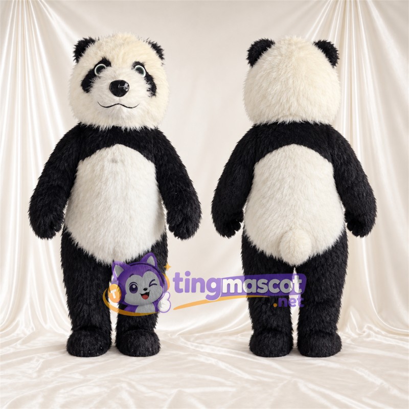 Black and White Panda Mascot Costume - Shaggy Fur and Smiling Face