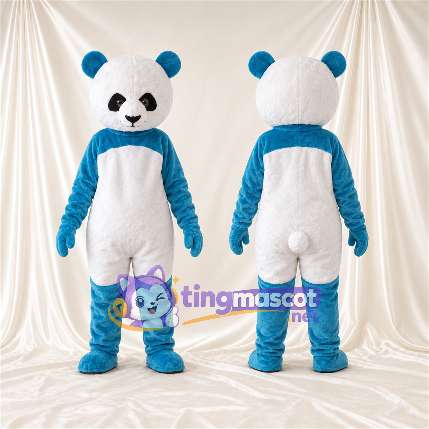 Costume de mascotte Panda – bleu / blanc – Ventre (blanc); Oreilles Costume de mascotte Panda – bleu / blanc – Ventre (blanc); Oreilles