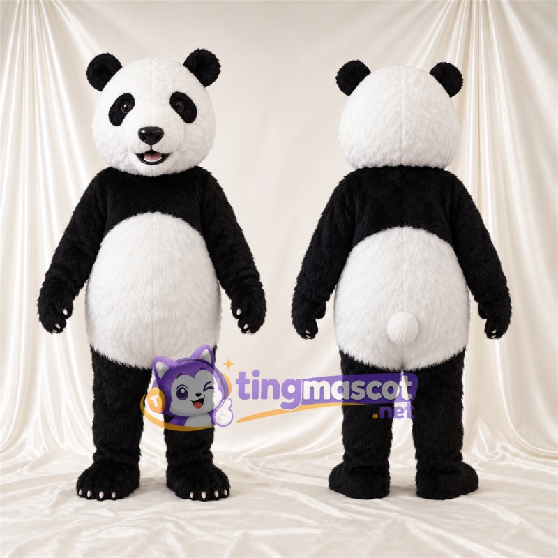 Black and White Panda Mascot Costume - Pink Tongue and White Tail