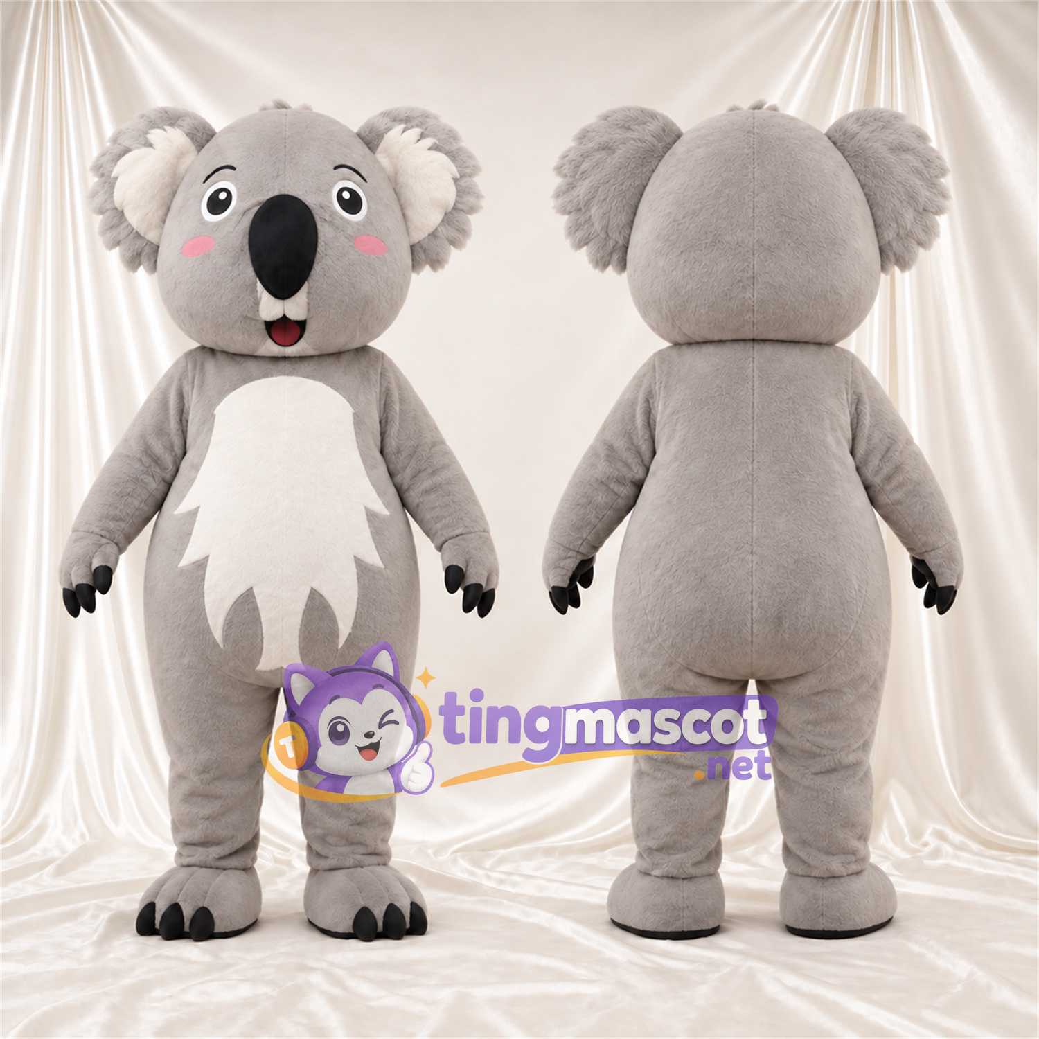 Gray Koala Mascot Costume - Leaf-Shaped White Belly and Pink Cheeks Gray Koala Mascot Costume - Leaf-Shaped White Belly and Pink Cheeks