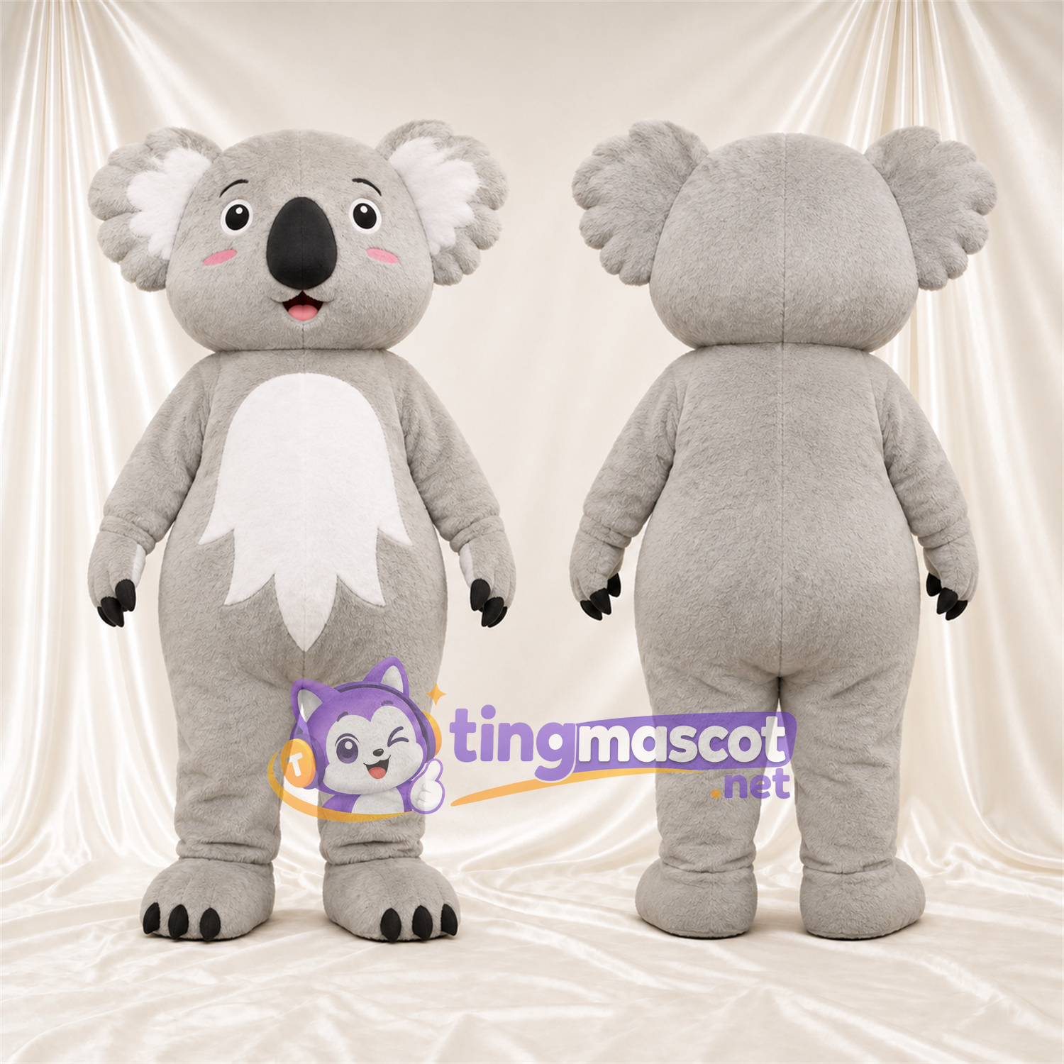 Gray Koala Mascot Costume - Leaf-Shaped White Belly and Black Claws Gray Koala Mascot Costume - Leaf-Shaped White Belly and Black Claws