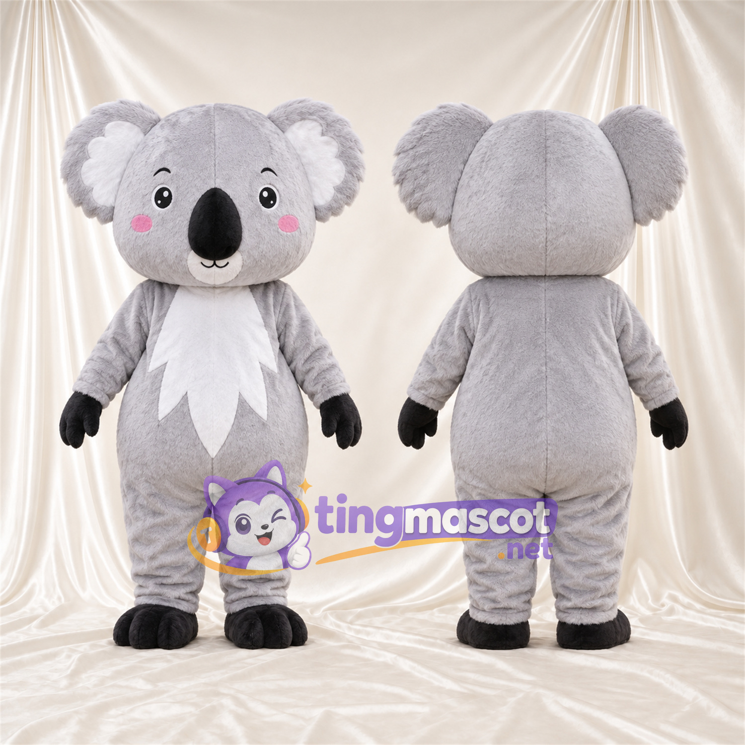 Gray Koala Mascot Costume - Leaf-Shaped White Belly and Black Hands Gray Koala Mascot Costume - Leaf-Shaped White Belly and Black Hands