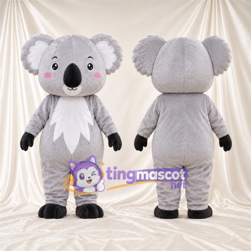 Gray Koala Mascot Costume - Leaf-Shaped White Belly and Black Hands