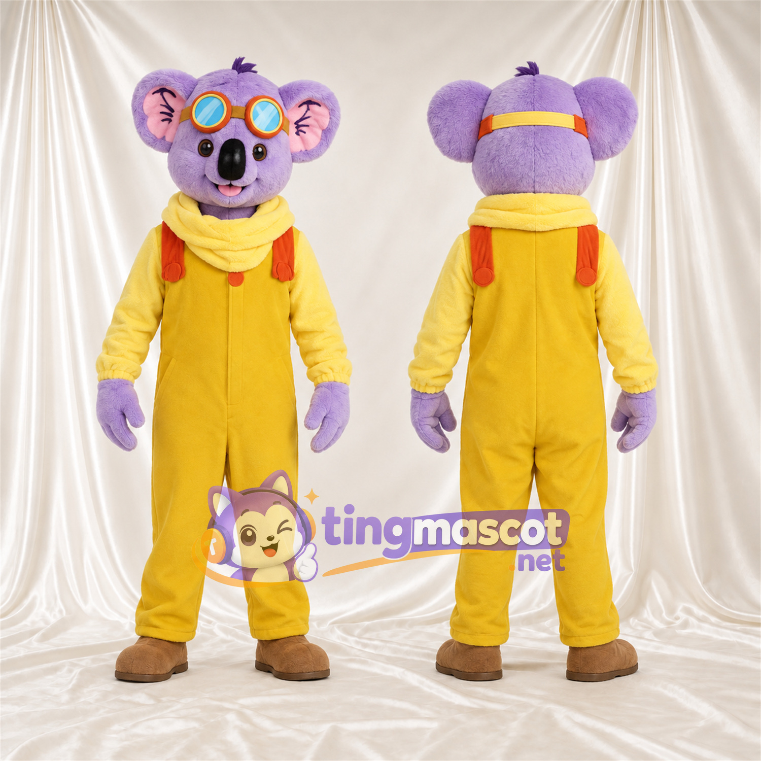Maskottchenkostüm Koala – violett – Overall (gelb); Schal Maskottchenkostüm Koala – violett – Overall (gelb); Schal