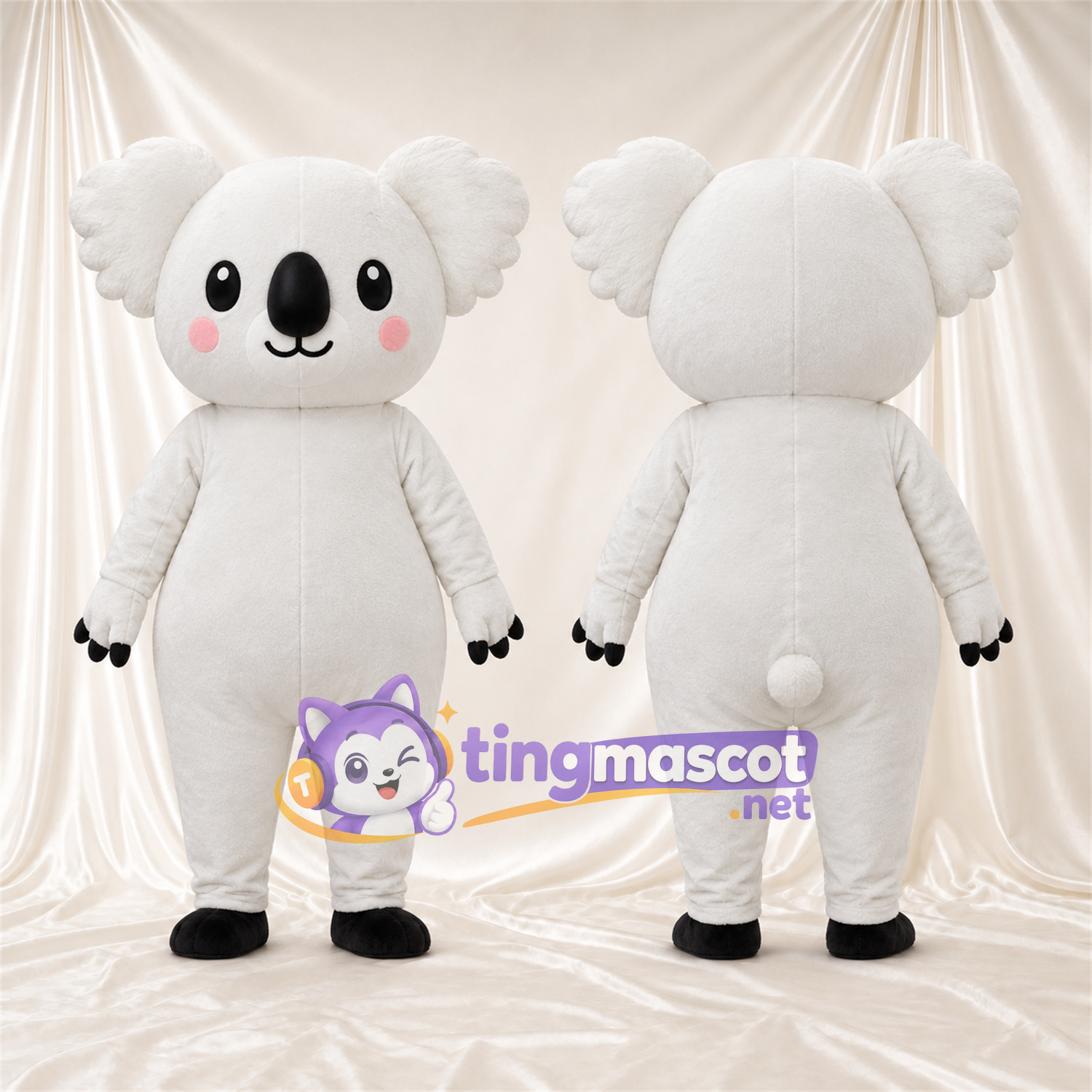 Costume de mascotte Koala – blanc – Griffes (noir); Joues (rose) Costume de mascotte Koala – blanc – Griffes (noir); Joues (rose)