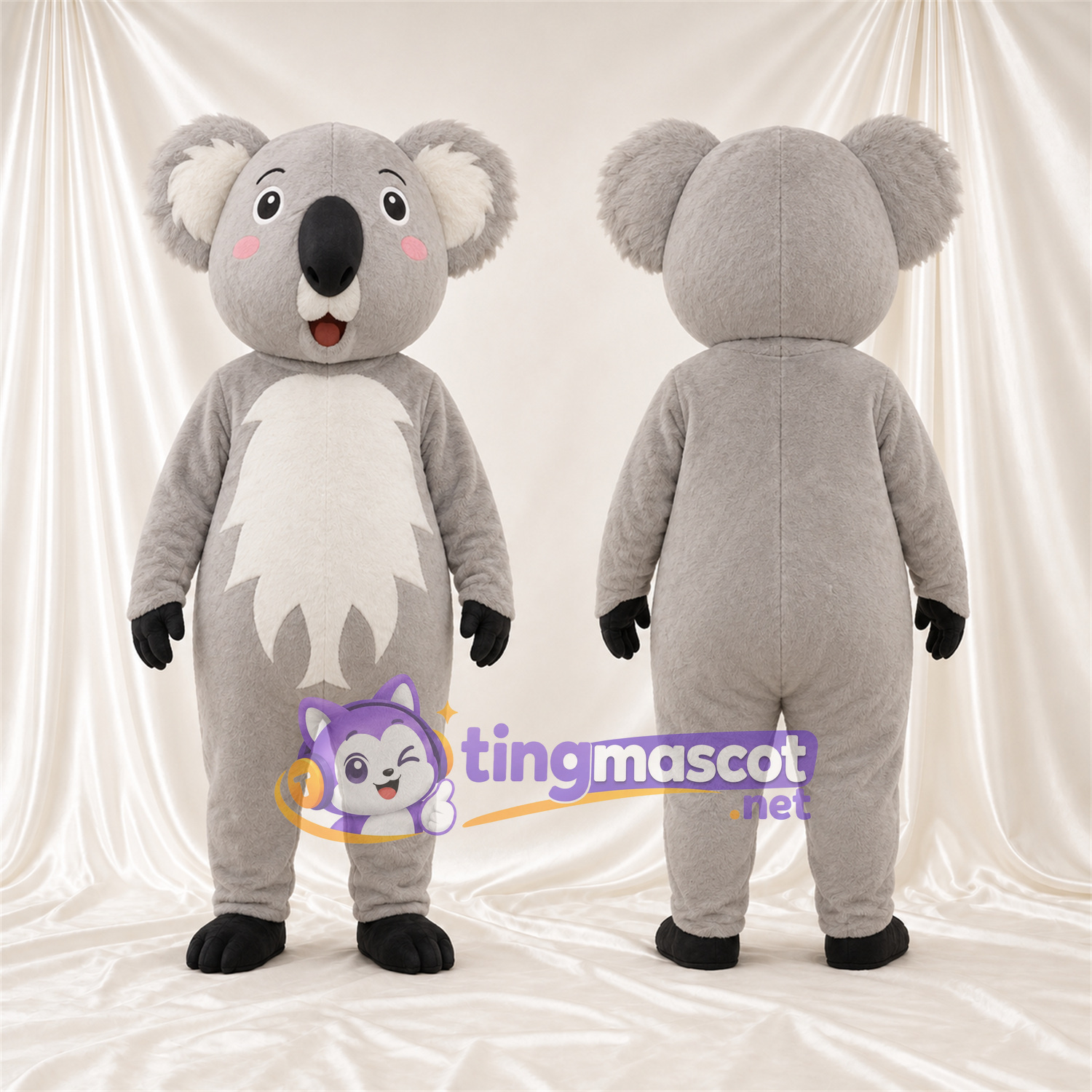 Gray Koala Mascot Costume - Leaf-Shaped White Belly and Black Hands Gray Koala Mascot Costume - Leaf-Shaped White Belly and Black Hands