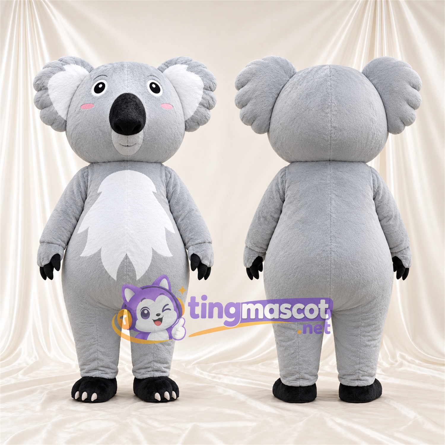 Gray Koala Mascot Costume - Leaf-Shaped White Belly and Black Feet Gray Koala Mascot Costume - Leaf-Shaped White Belly and Black Feet