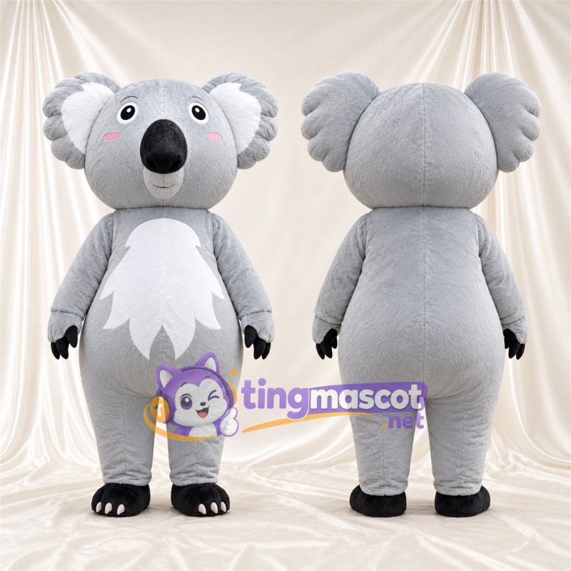 Gray Koala Mascot Costume - Leaf-Shaped White Belly and Black Feet