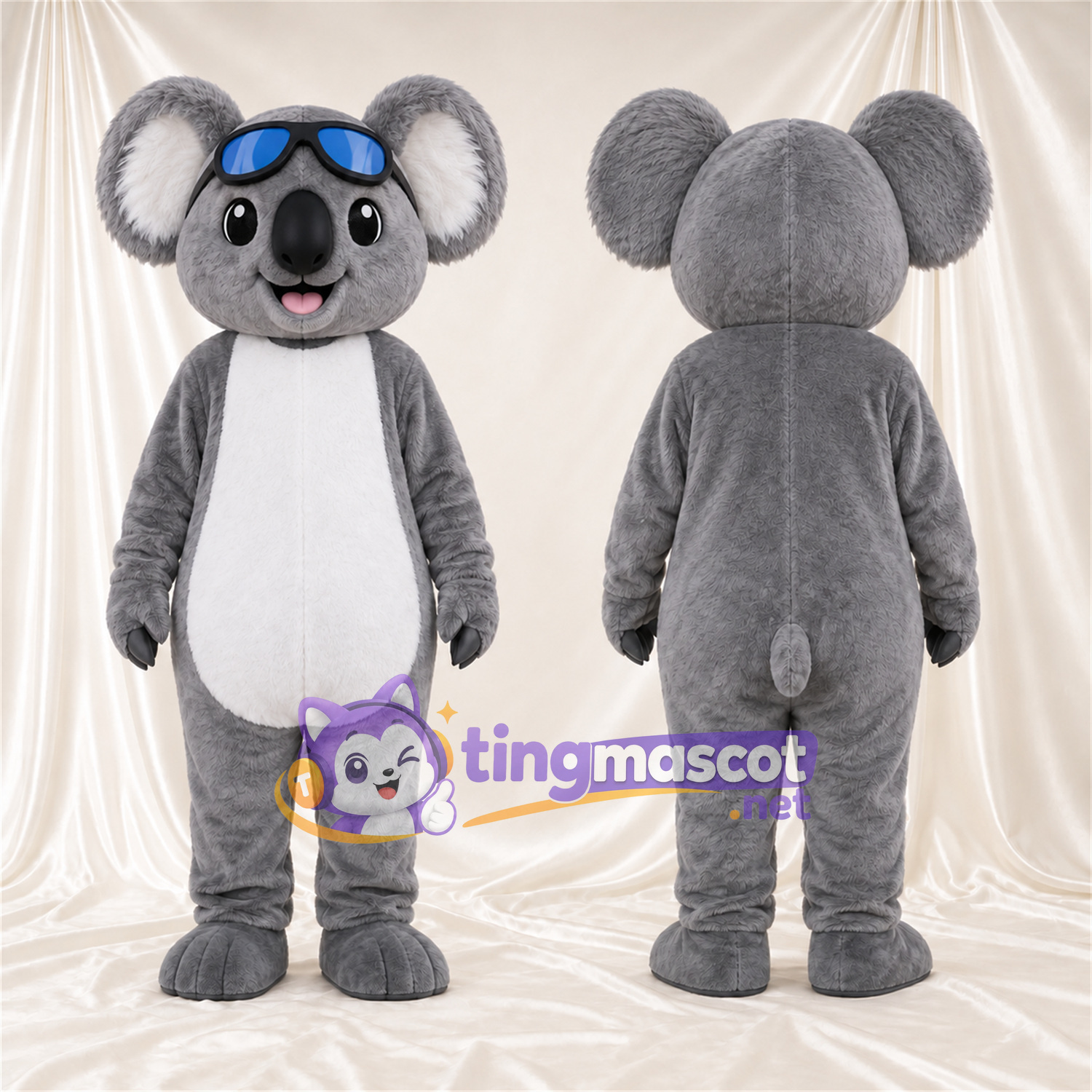 Costume de mascotte Koala – gris – Lunettes de protection (bleu); Ventre (blanc) Costume de mascotte Koala – gris – Lunettes de protection (bleu); Ventre (blanc)