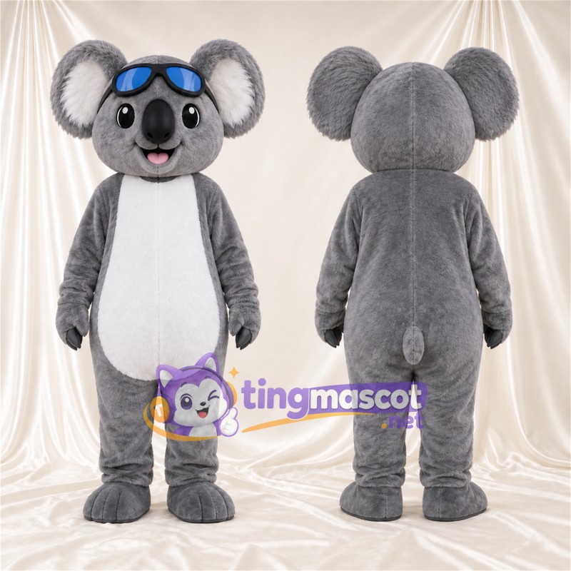 Costume de mascotte Koala – gris – Lunettes de protection (bleu); Ventre (blanc)