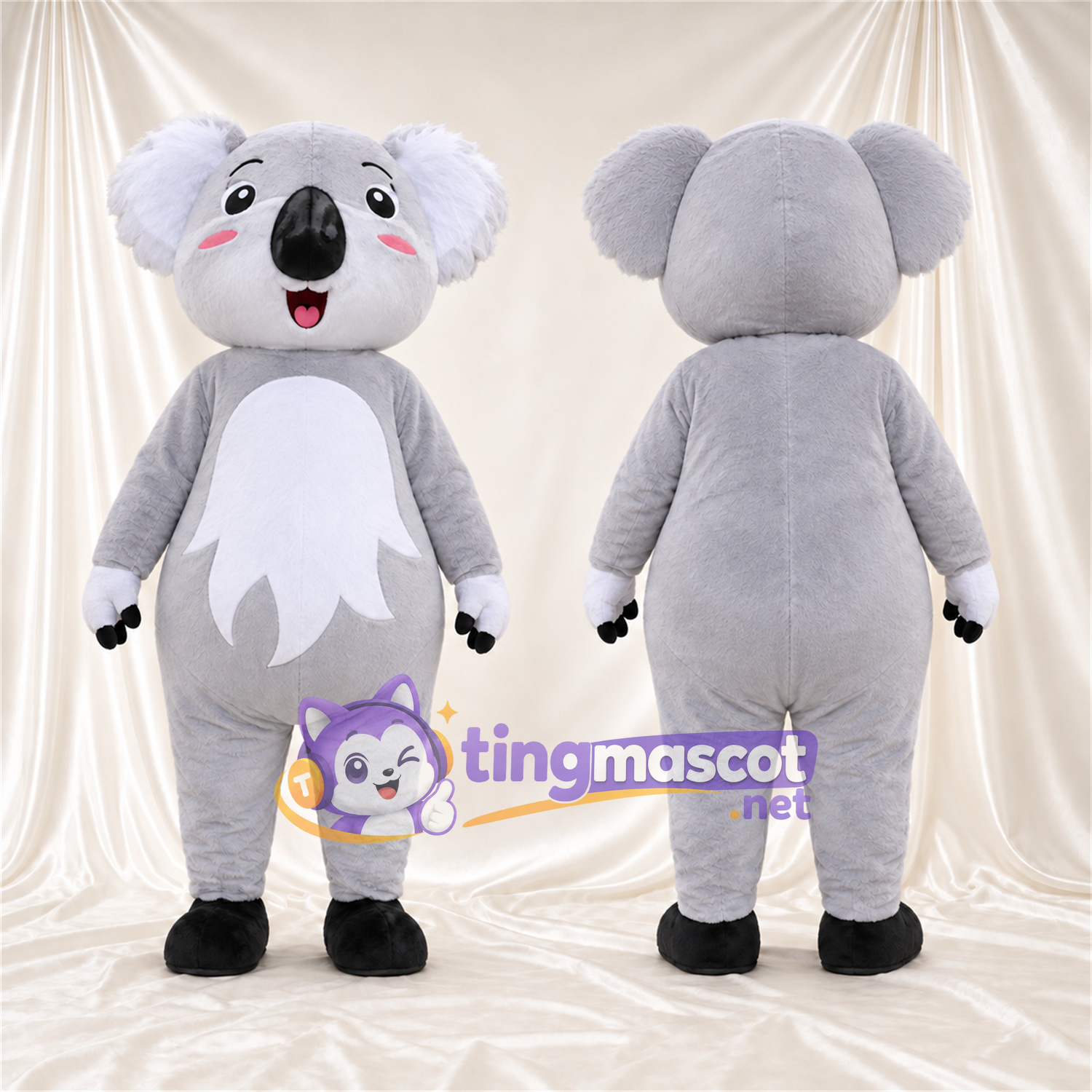 Gray Koala Mascot Costume - Leaf-Shaped White Belly and Open Mouth Gray Koala Mascot Costume - Leaf-Shaped White Belly and Open Mouth