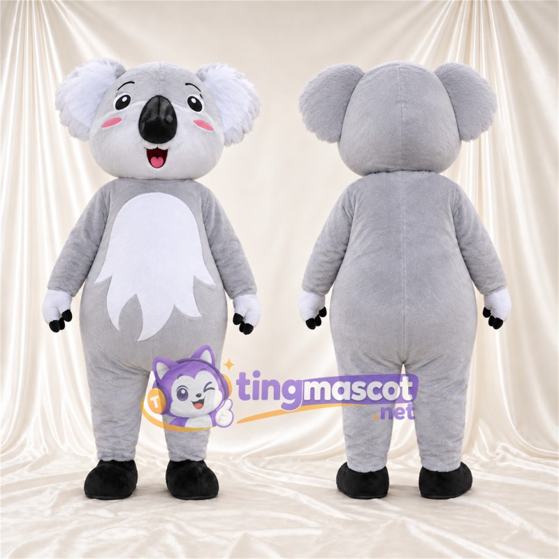 Gray Koala Mascot Costume - Leaf-Shaped White Belly and Open Mouth