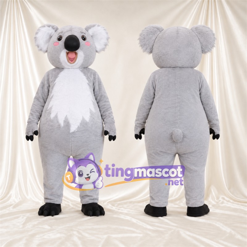 Gray Koala Mascot Costume - Leaf-Shaped White Belly and Open Mouth