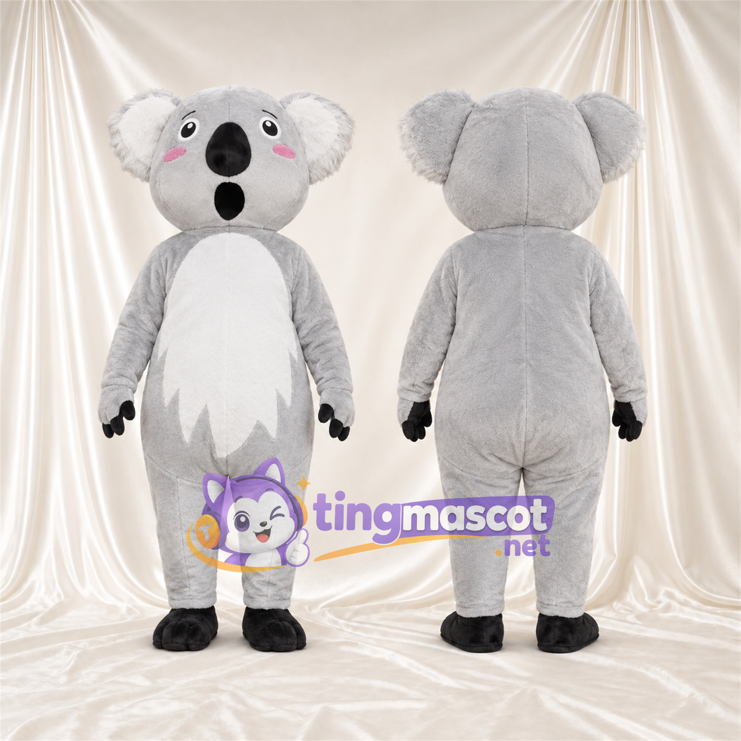 Gray Koala Mascot Costume - Leaf-Shaped White Belly and Open Mouth Gray Koala Mascot Costume - Leaf-Shaped White Belly and Open Mouth