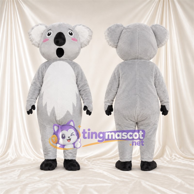 Gray Koala Mascot Costume - Leaf-Shaped White Belly and Open Mouth