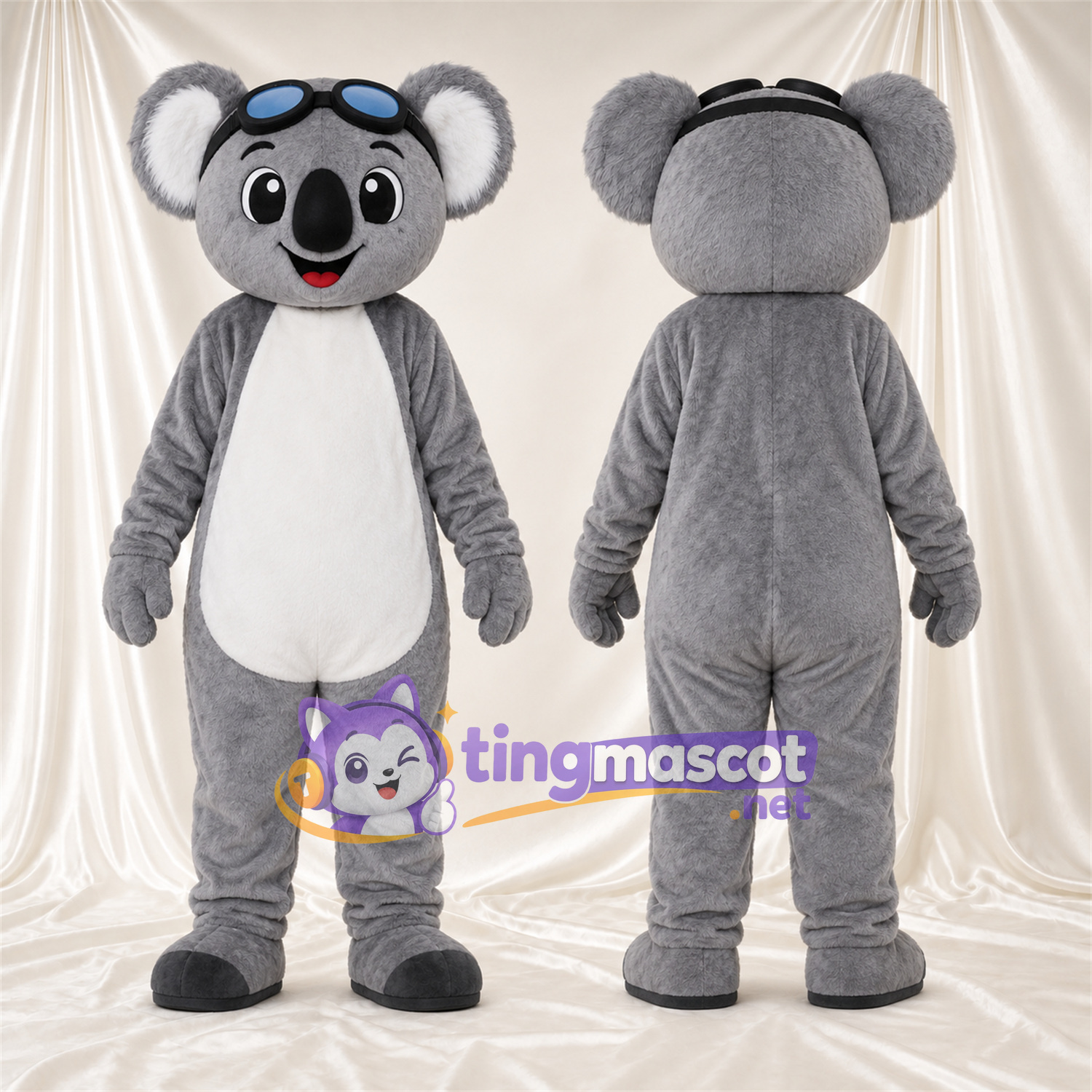 Costume de mascotte Koala – gris – Lunettes de protection (bleu); Ventre (blanc) Costume de mascotte Koala – gris – Lunettes de protection (bleu); Ventre (blanc)