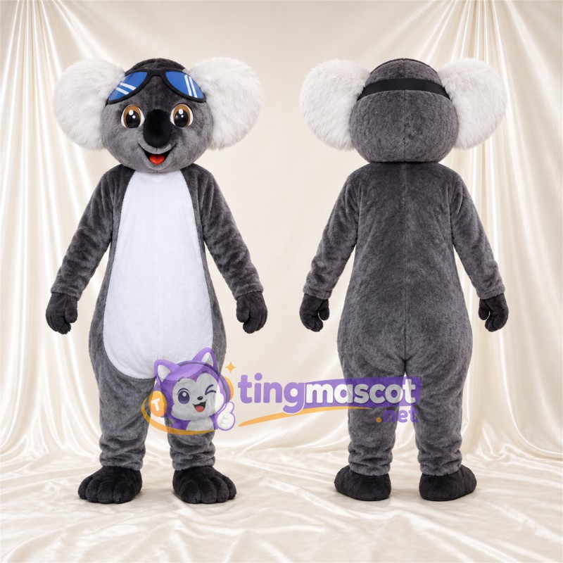 Costume de mascotte Koala – gris – Lunettes de protection (bleu); Ventre (blanc)