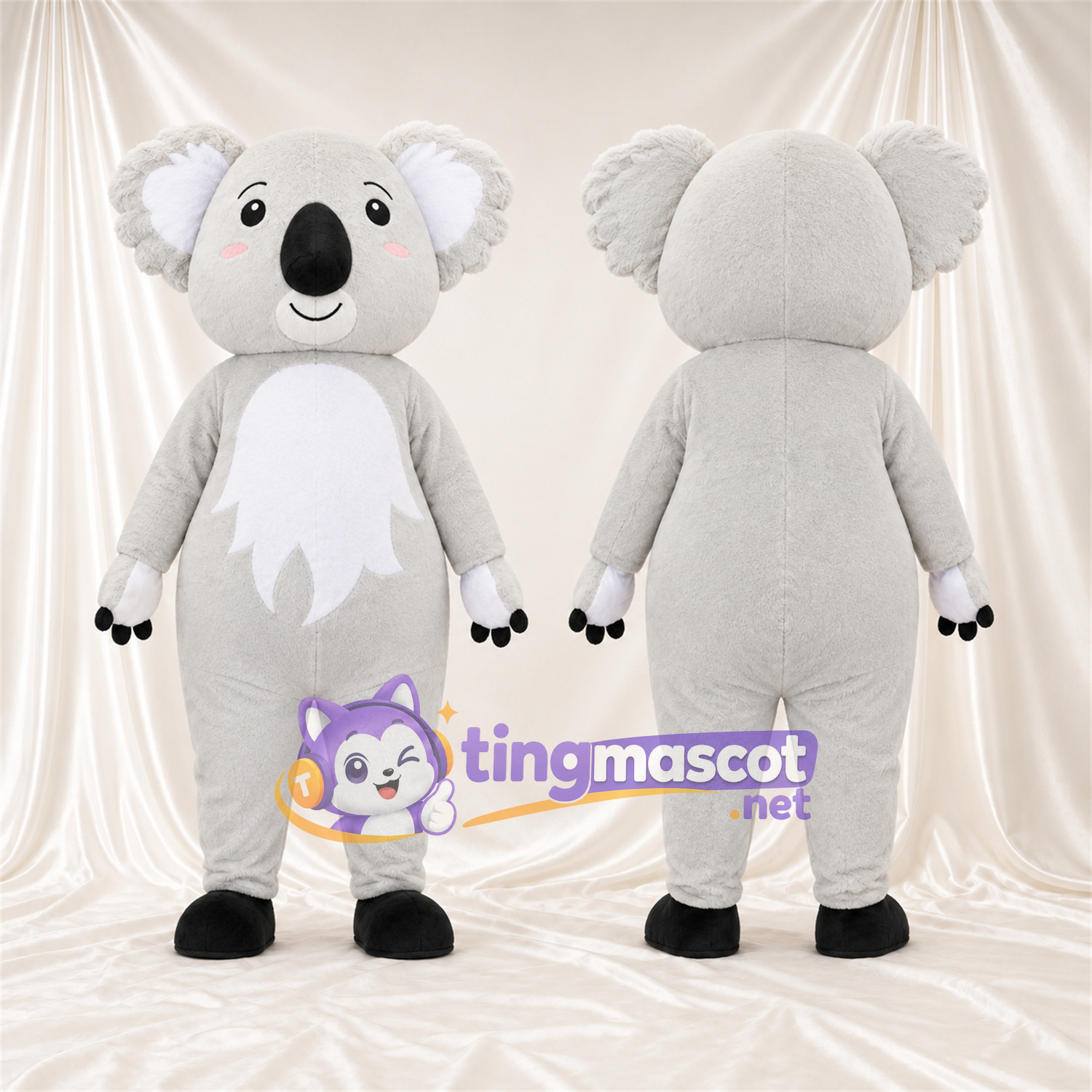 Gray Koala Mascot Costume - Leaf-Shaped White Belly and Pink Cheeks Gray Koala Mascot Costume - Leaf-Shaped White Belly and Pink Cheeks