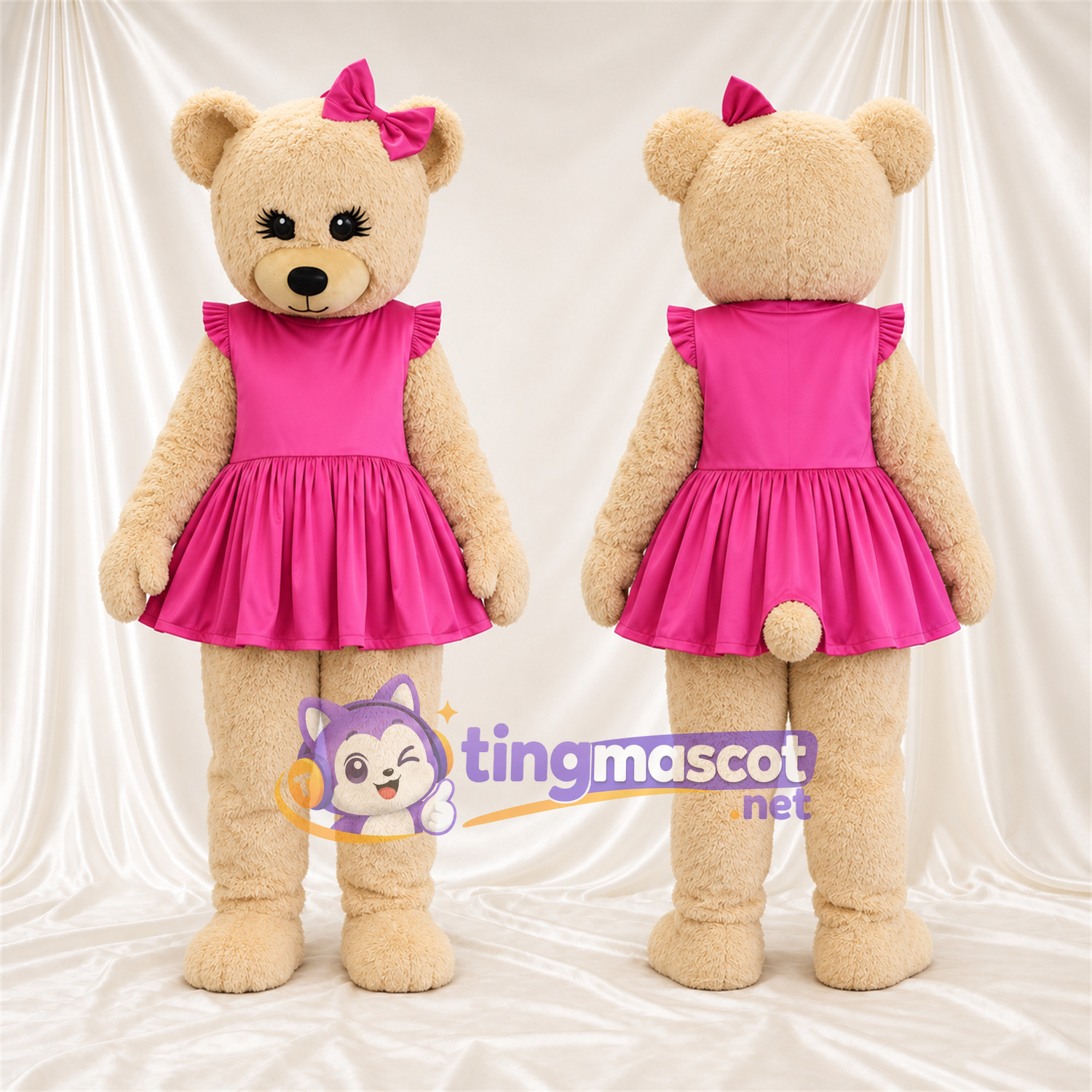 Maskottchenkostüm Bär – hellbraun – Kleid (rosa); Schleife Maskottchenkostüm Bär – hellbraun – Kleid (rosa); Schleife