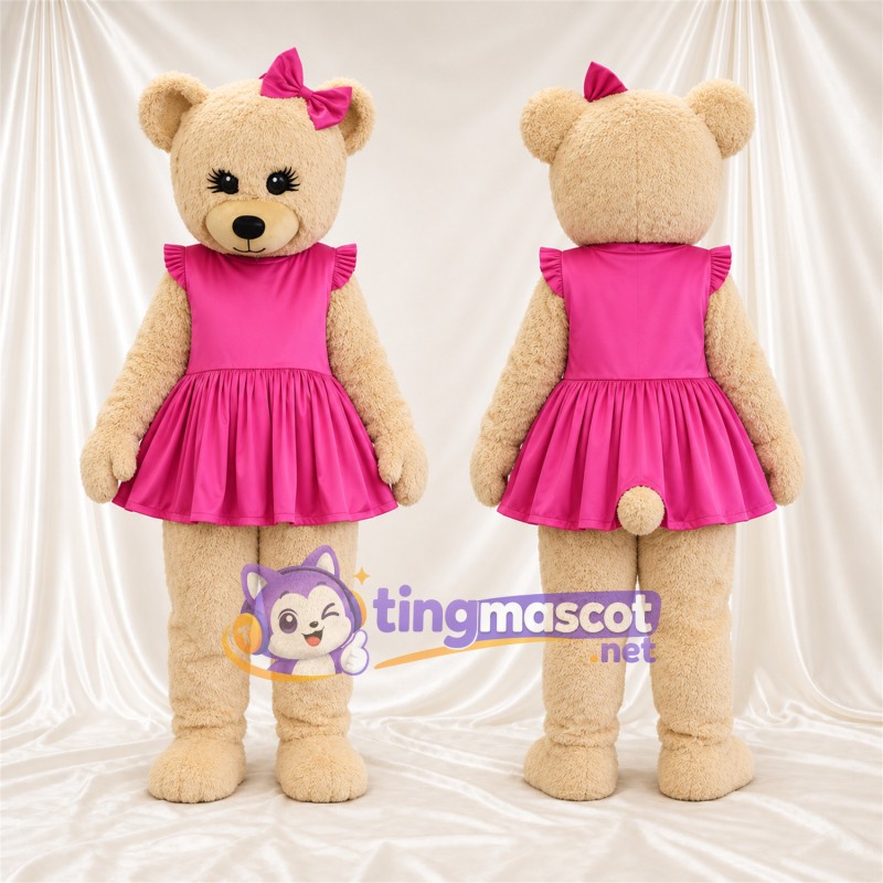 Maskottchenkostüm Bär – hellbraun – Kleid (rosa); Schleife