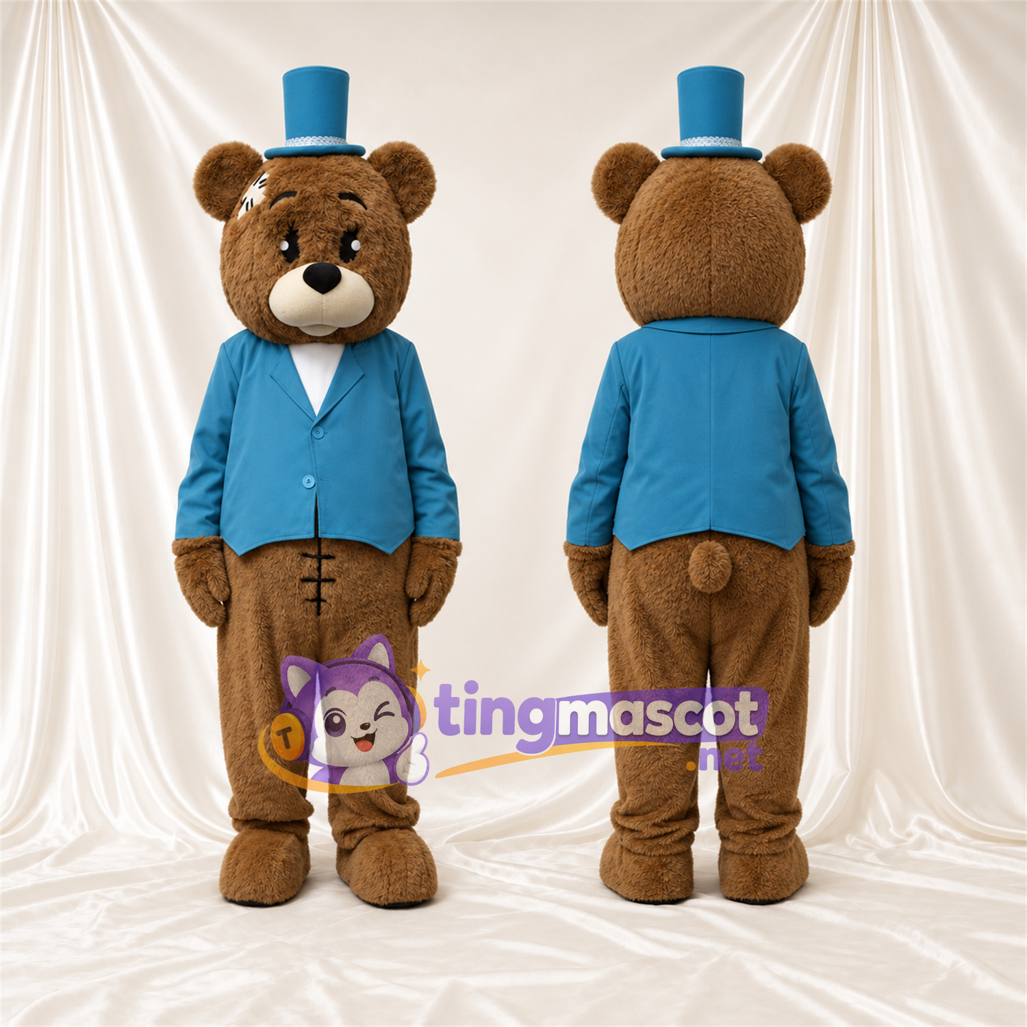Maskottchenkostüm Bär – braun – Jacke (blau); Zylinder Maskottchenkostüm Bär – braun – Jacke (blau); Zylinder