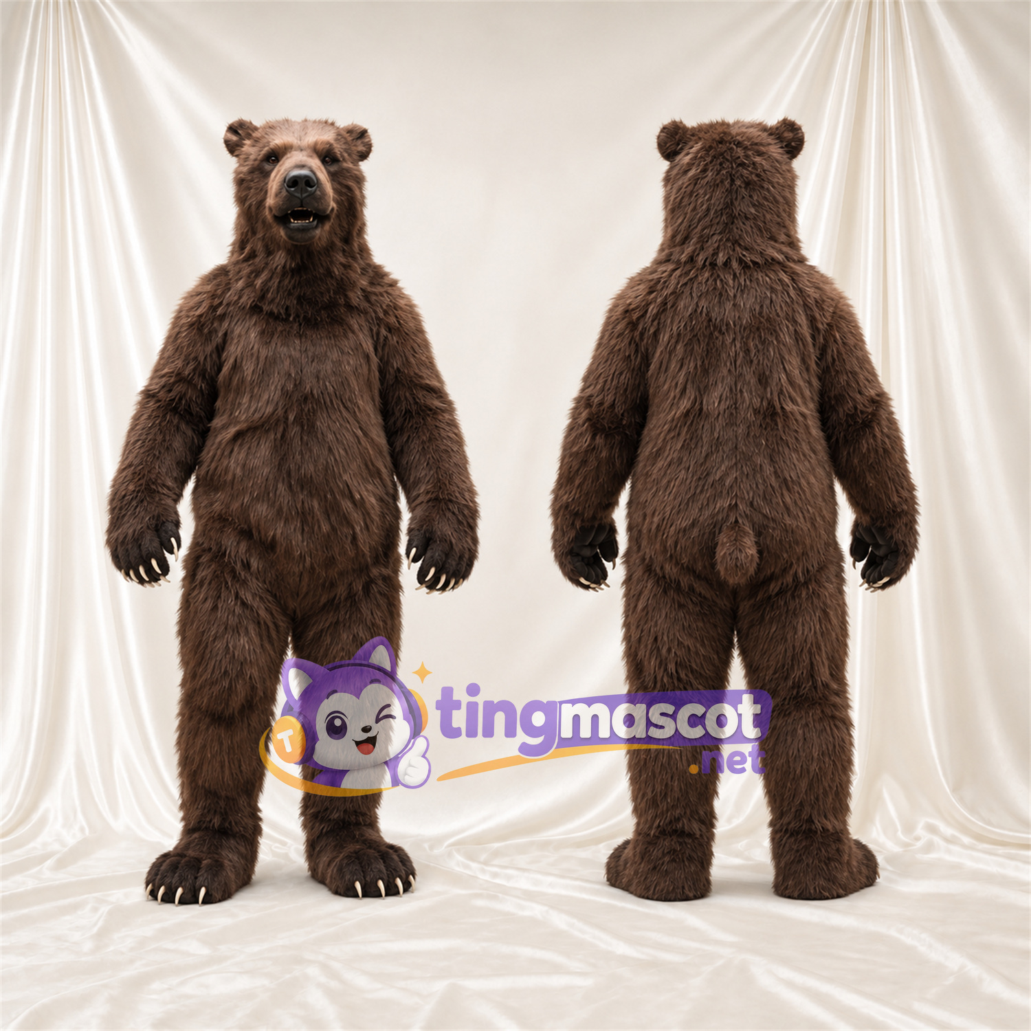 Maskottchenkostüm Bär – braun – Krallen (weiß); Zottelfell Maskottchenkostüm Bär – braun – Krallen (weiß); Zottelfell