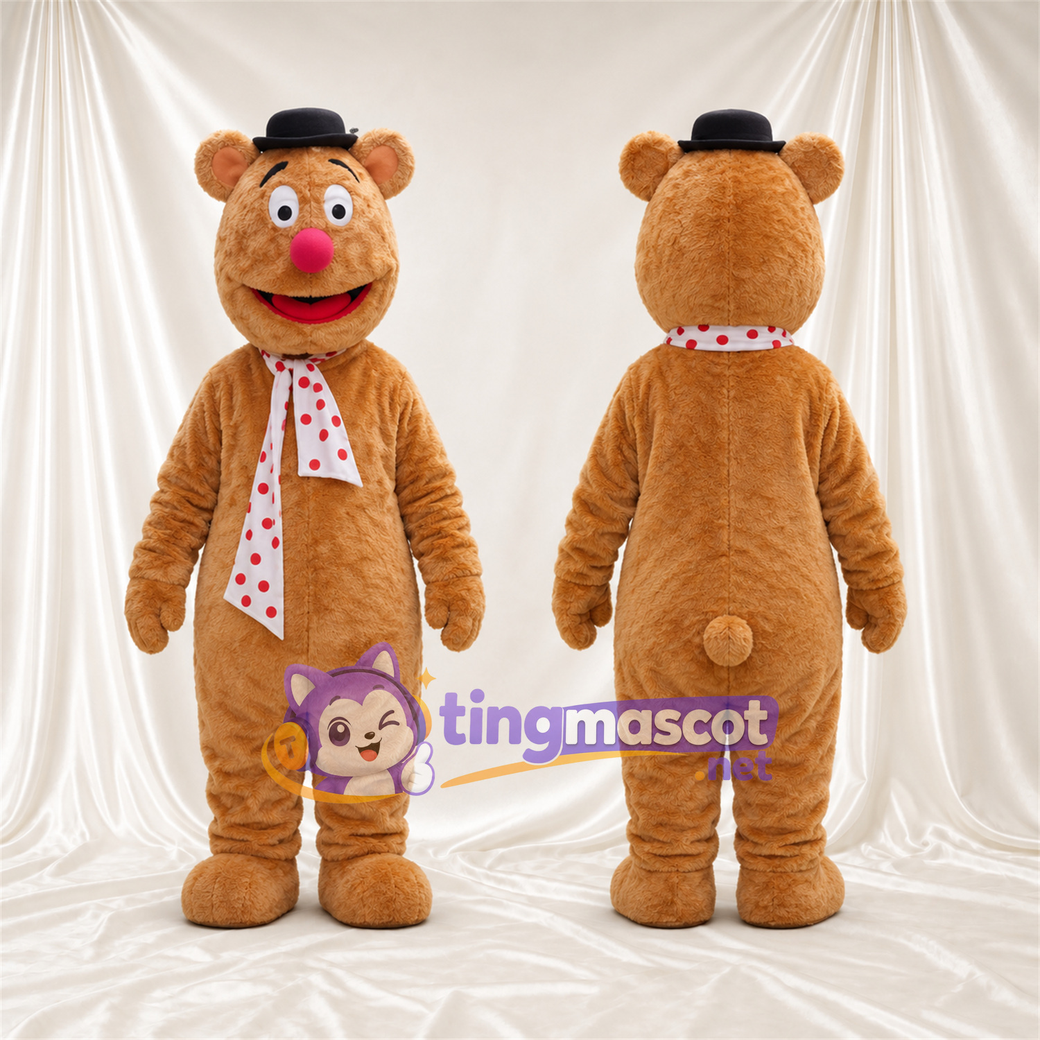 Maskottchenkostüm Bär – hellbraun – Hut (schwarz); Schal Maskottchenkostüm Bär – hellbraun – Hut (schwarz); Schal