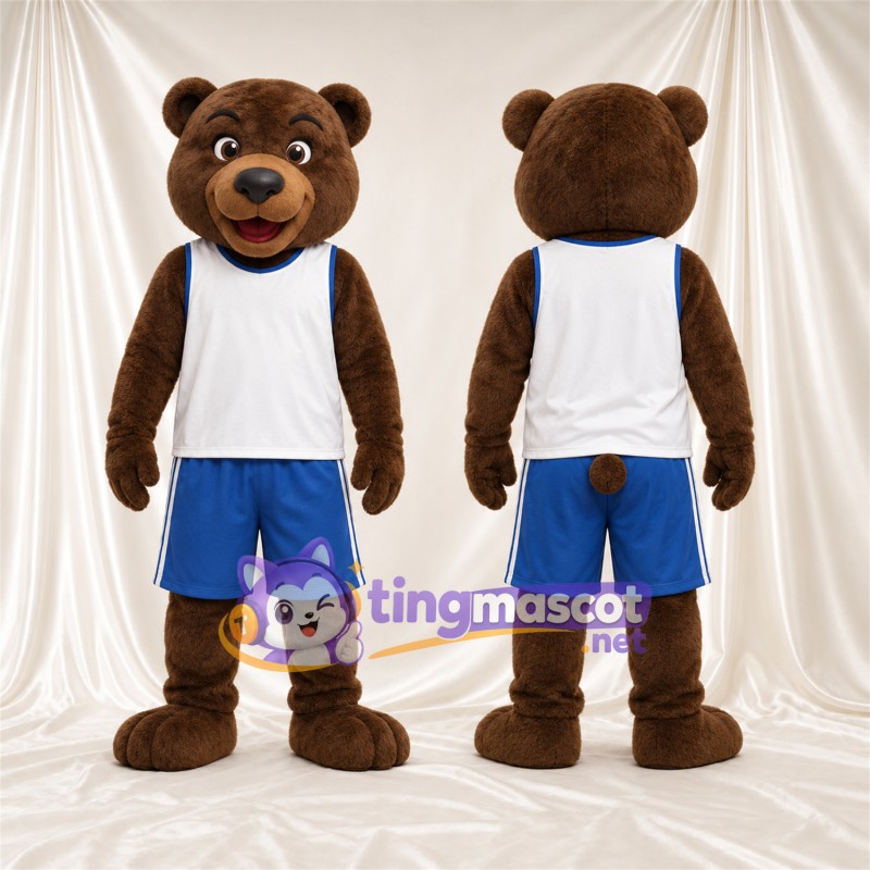Maskottchenkostüm Bär – braun – Tanktop (weiß); Shorts (blau)