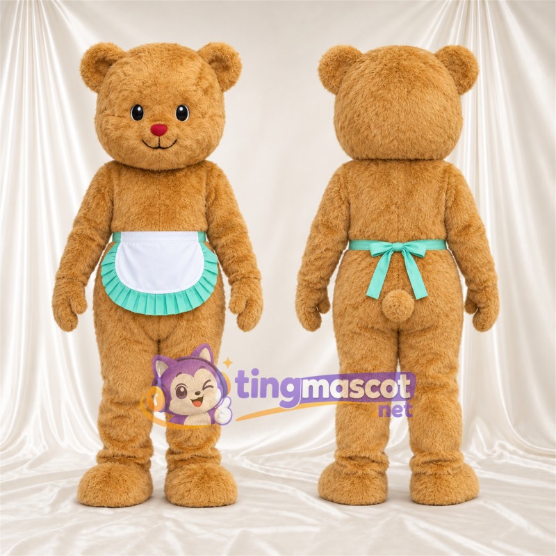 Costume de mascotte Ours – brun clair – Tablier (blanc / vert); Oreilles