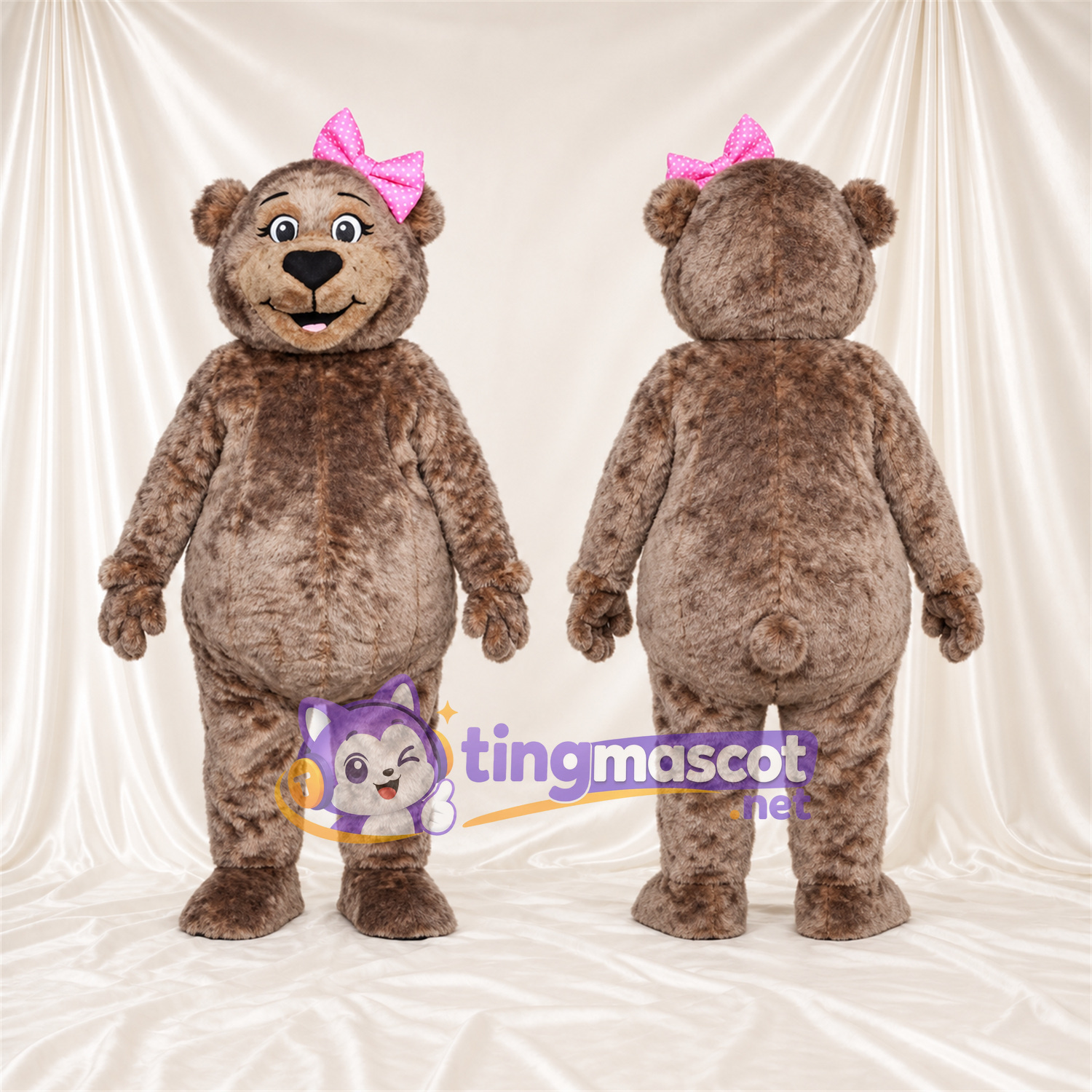 Maskottchenkostüm Bär – braun – Schleife (rosa) Maskottchenkostüm Bär – braun – Schleife (rosa)