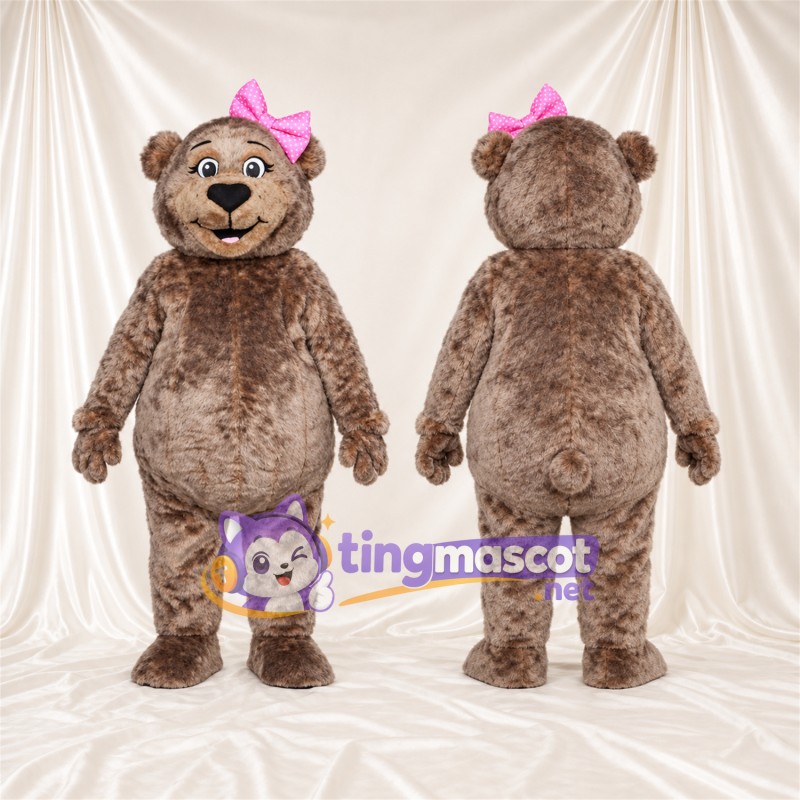 Maskottchenkostüm Bär – braun – Schleife (rosa)