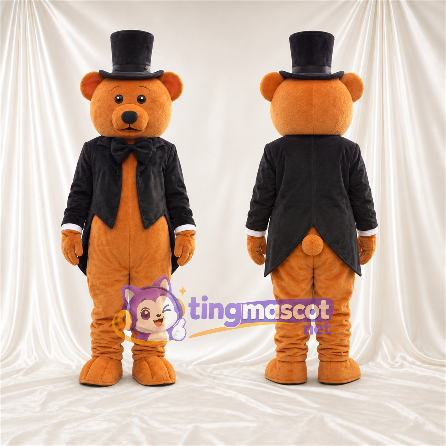Maskottchenkostüm Bär – orange – Jacke (schwarz); Zylinder Maskottchenkostüm Bär – orange – Jacke (schwarz); Zylinder