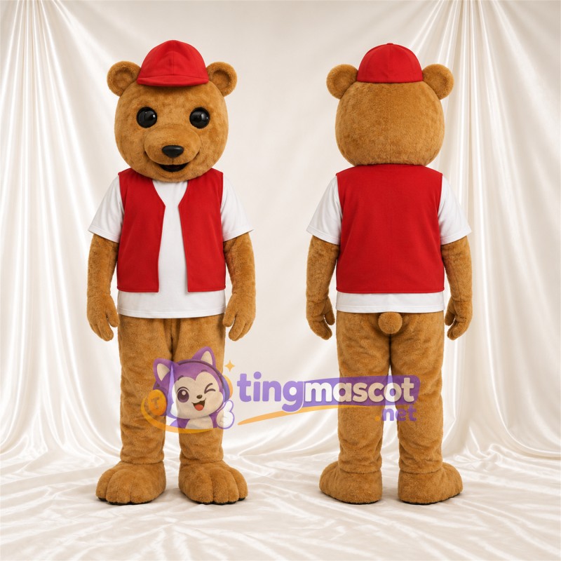 Maskottchenkostüm Bär – hellbraun – Kappe (rot); Weste