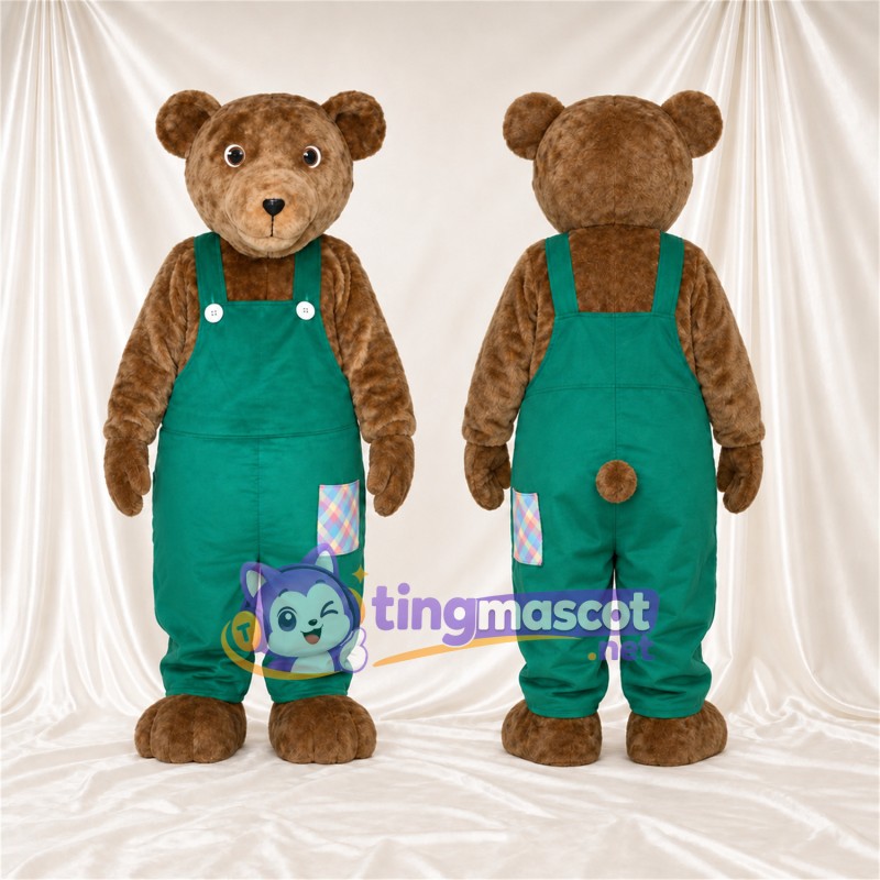 Maskottchenkostüm Bär – braun – Latzhose (grün)