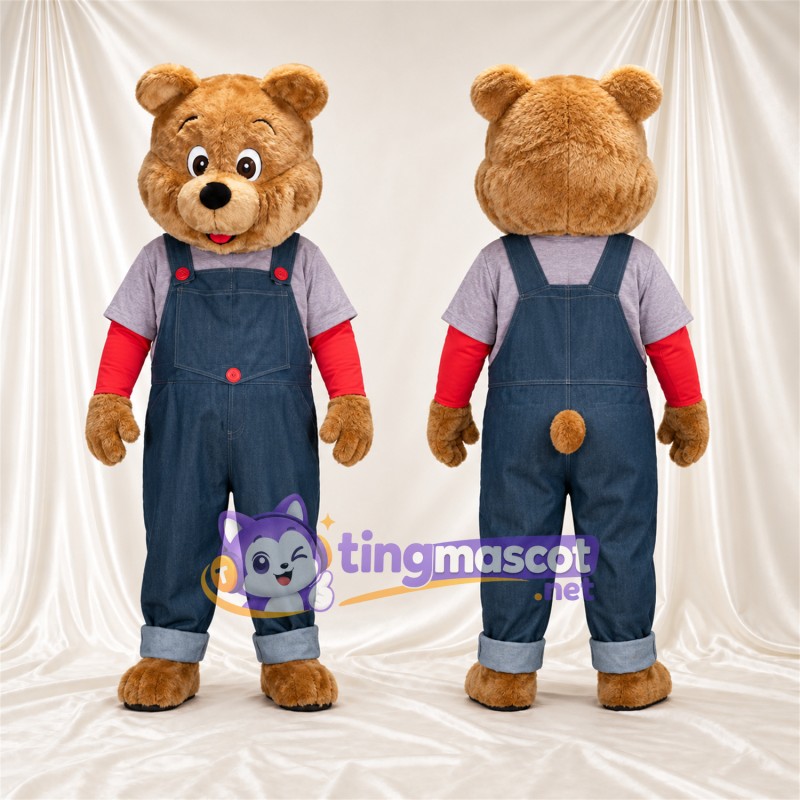 Maskottchenkostüm Bär – braun – Latzhose (blau)