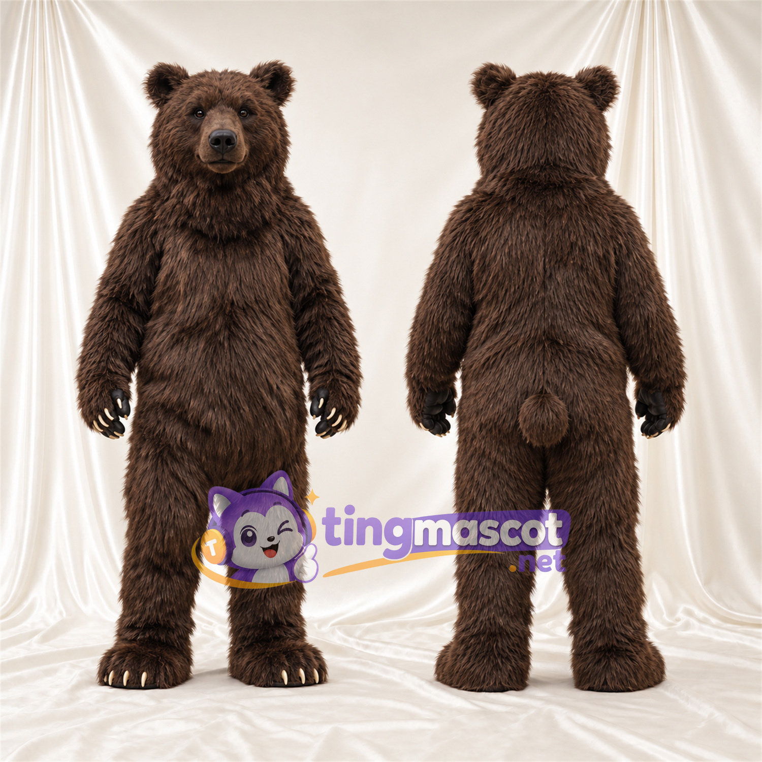 Maskottchenkostüm Bär – braun – Krallen (weiß); Zottelfell Maskottchenkostüm Bär – braun – Krallen (weiß); Zottelfell