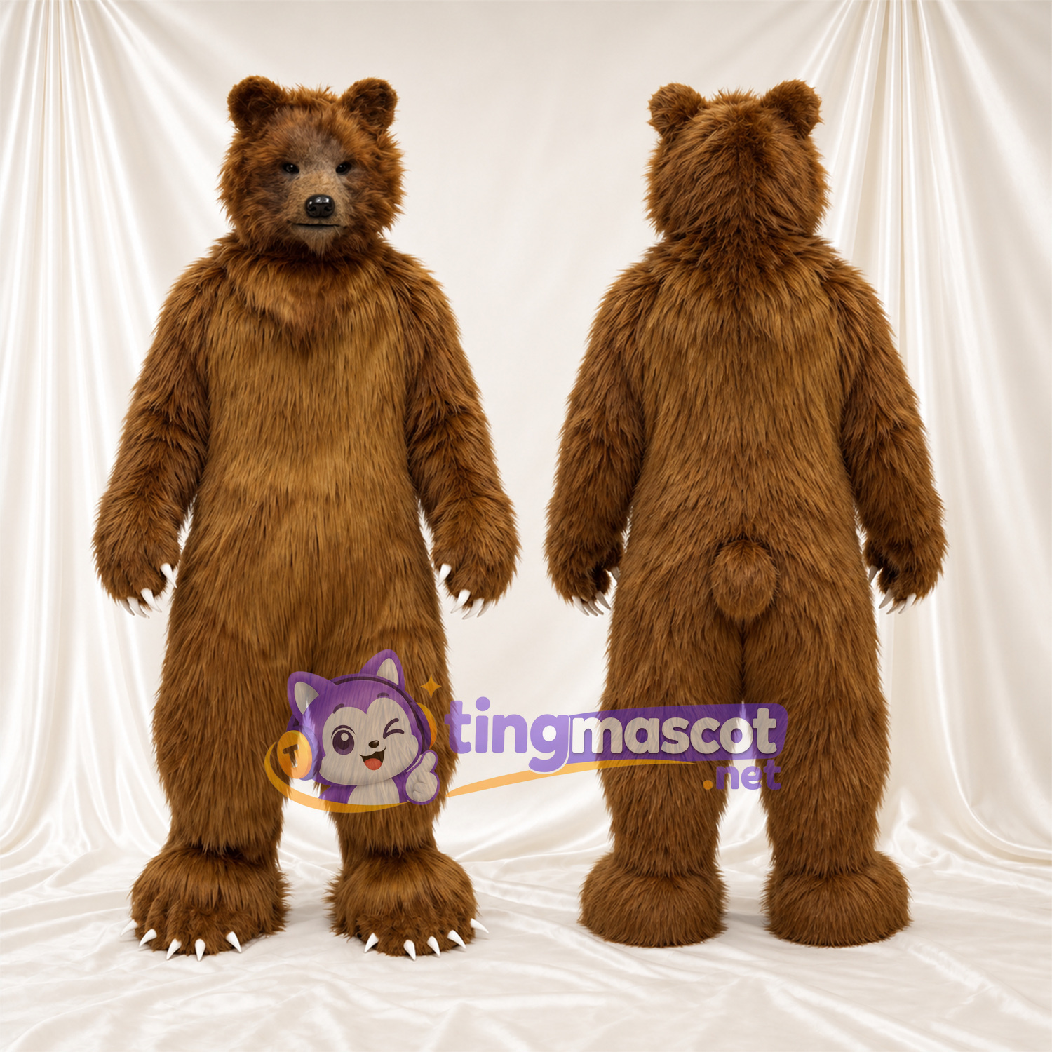 Maskottchenkostüm Bär – braun – Krallen (weiß); Zottelfell Maskottchenkostüm Bär – braun – Krallen (weiß); Zottelfell