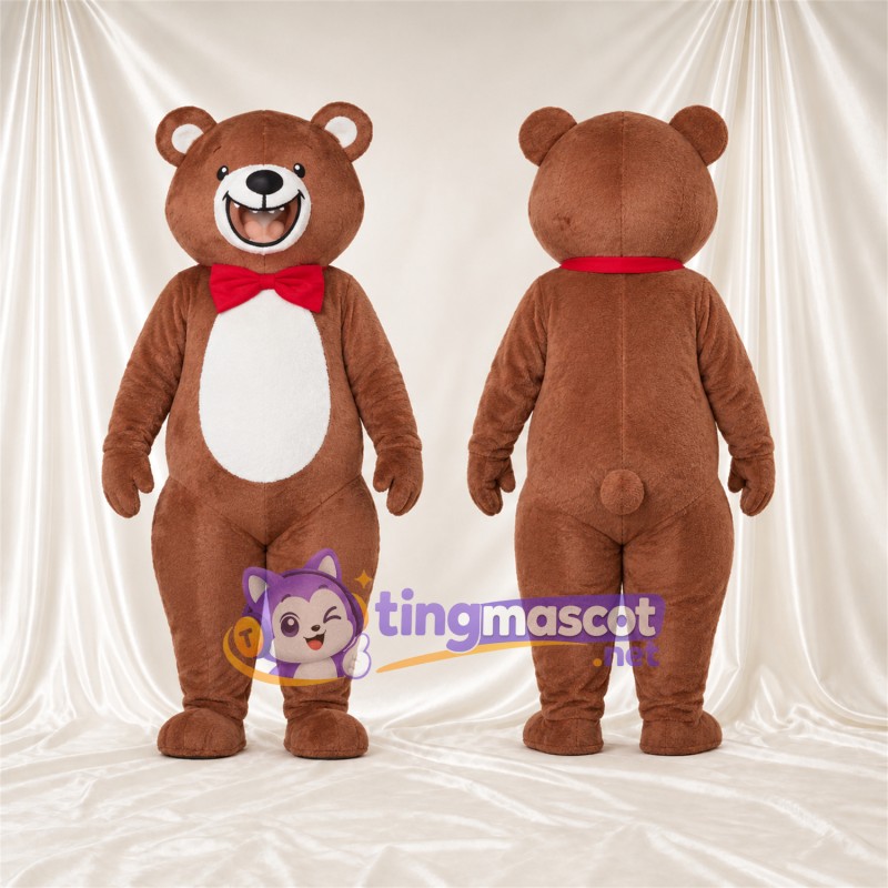 Maskottchenkostüm Bär – braun – Fliege (rot); Bauch (weiß)