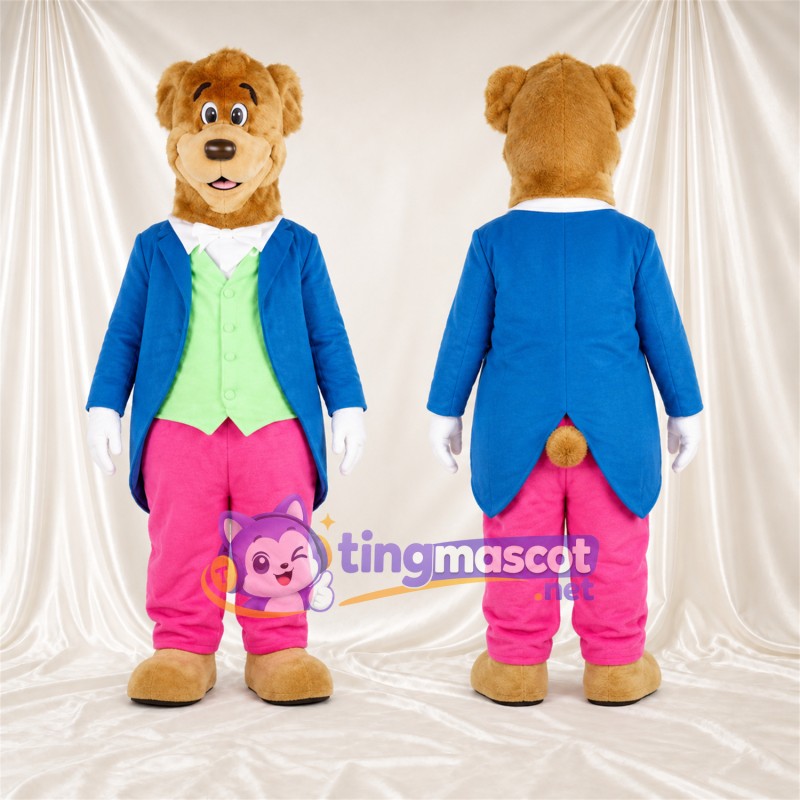 Maskottchenkostüm Bär – braun – Jacke (blau); Hose (rosa)
