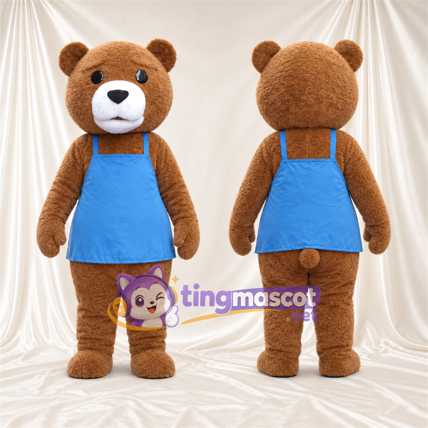 Maskottchenkostüm Bär – braun – Schürze (blau) Maskottchenkostüm Bär – braun – Schürze (blau)